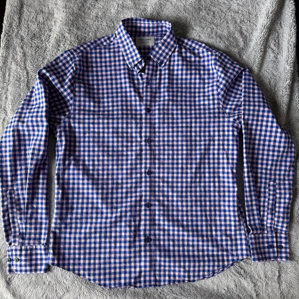 Twillory Untuckable Tailored Fit Gingham Shirt Mens ML Blue Pink Button Down